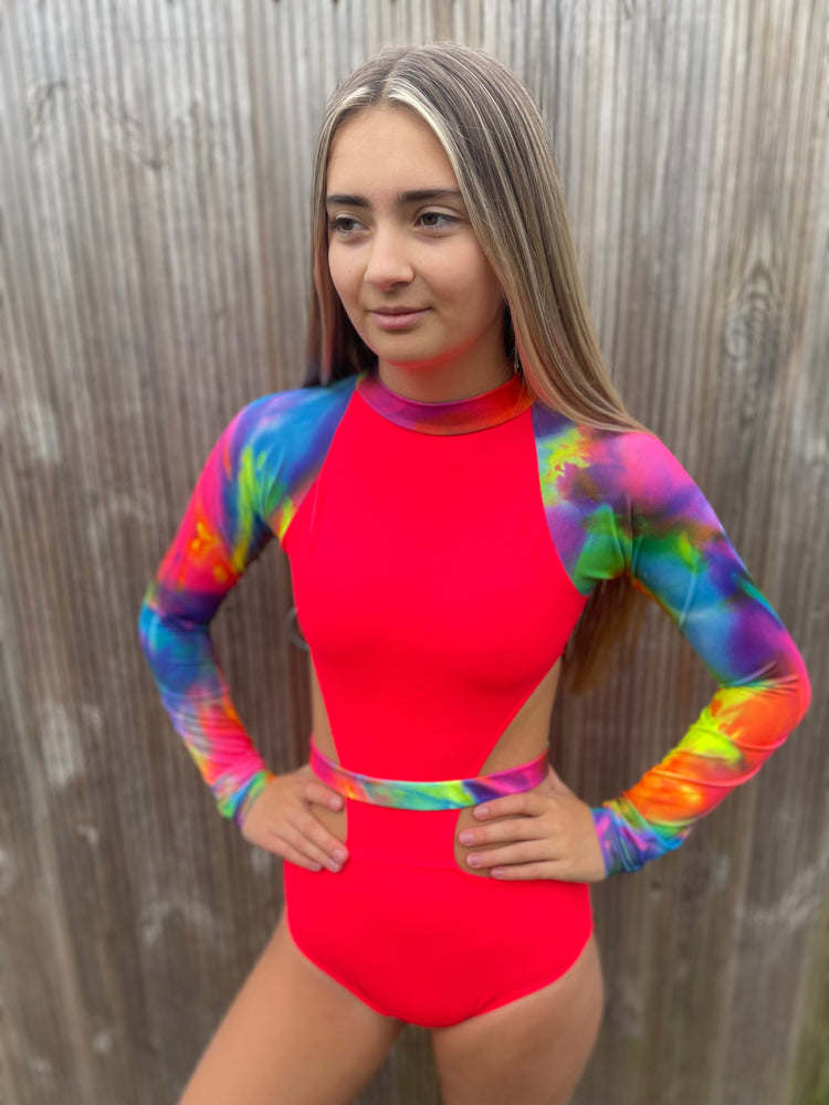 
            
                Load image into Gallery viewer, Bella Leotard - Neon Red/Mystical
            
        