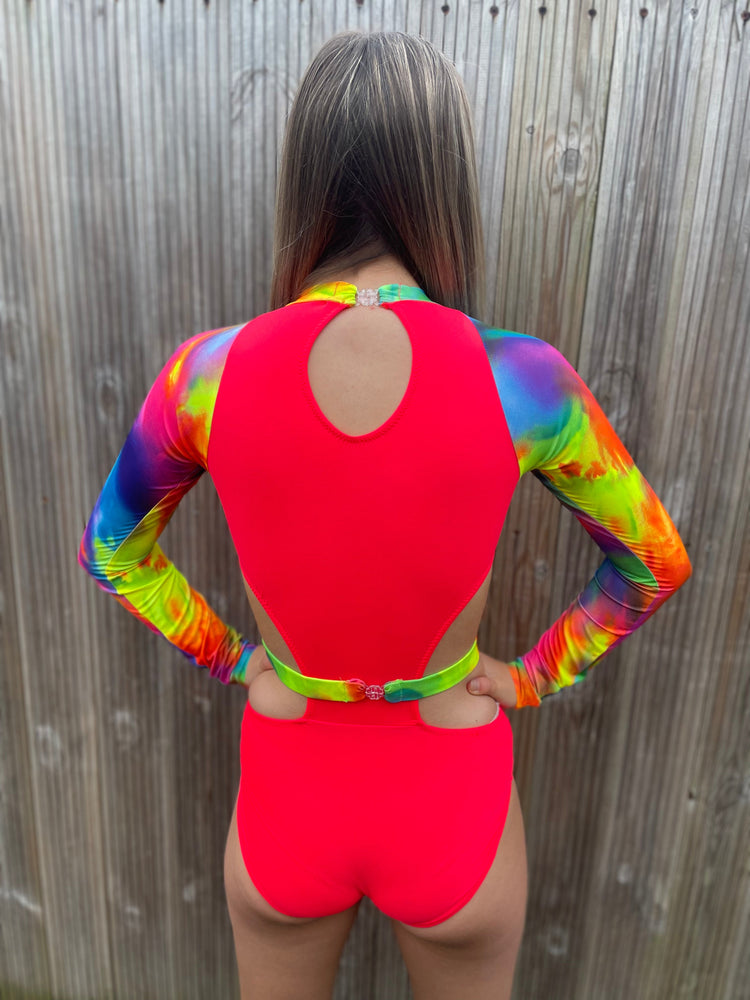 
            
                Load image into Gallery viewer, Bella Leotard - Neon Red/Mystical
            
        
